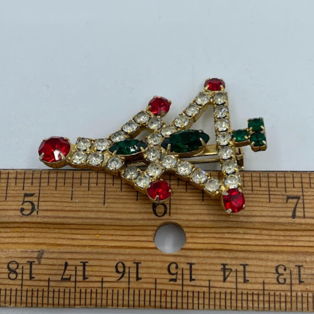 Vintage Christmas Tree Brooch Pin Open Work Prong-Set Colored & Clear Rhinestone - Picture 7 of 7